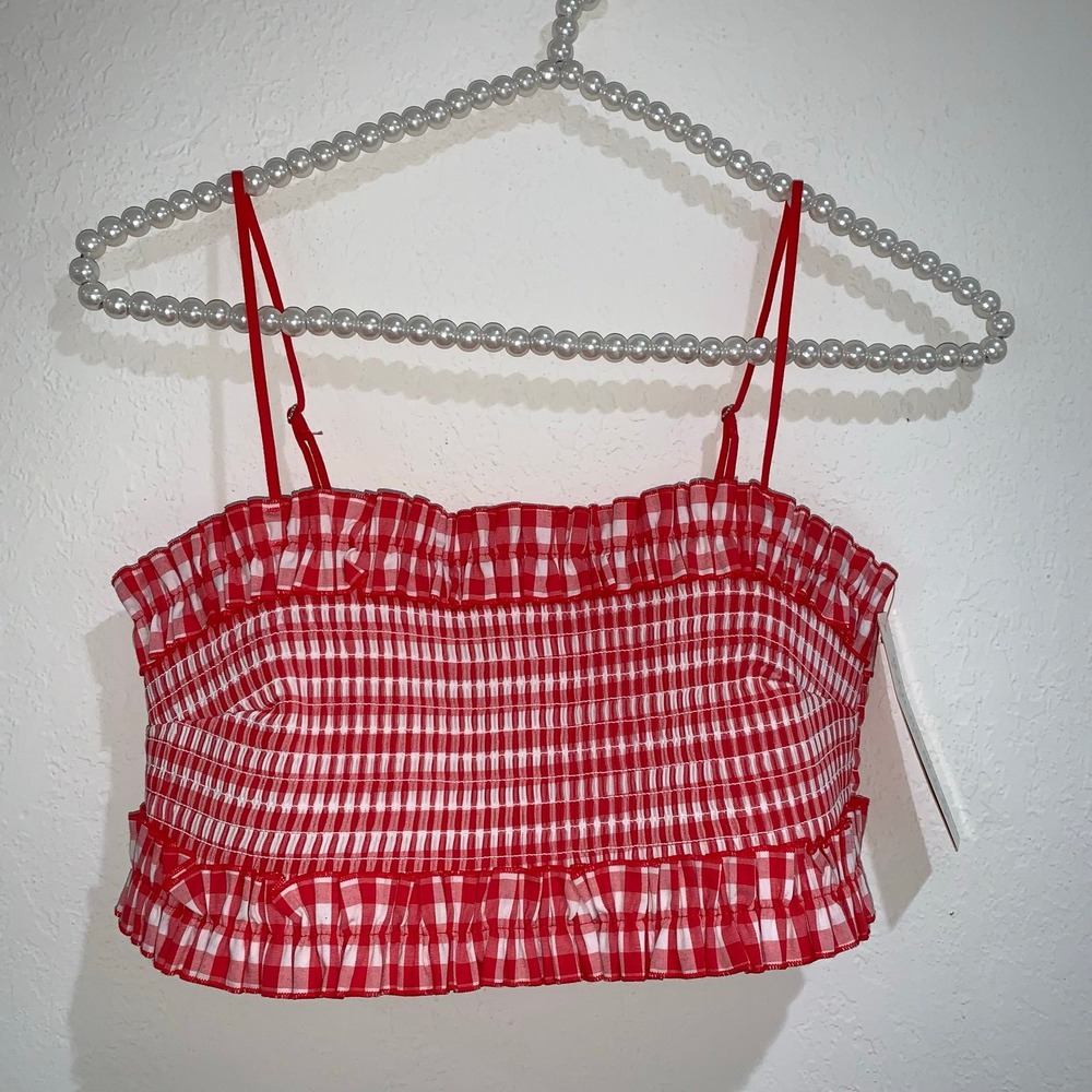 Colsie red white plaid gingham check smocked bralette size medium new cotton